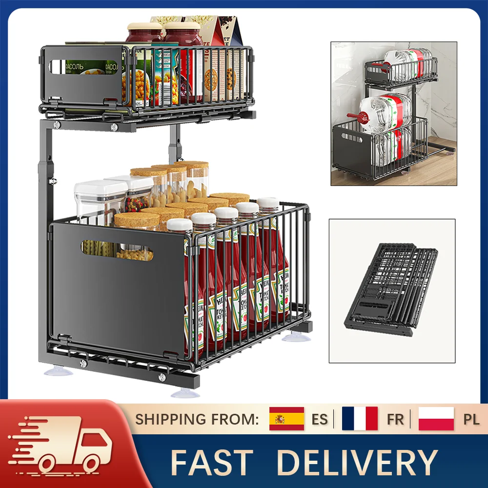 2-vånings utdragbar skåporganisatör justerbart stålförvaringsställ