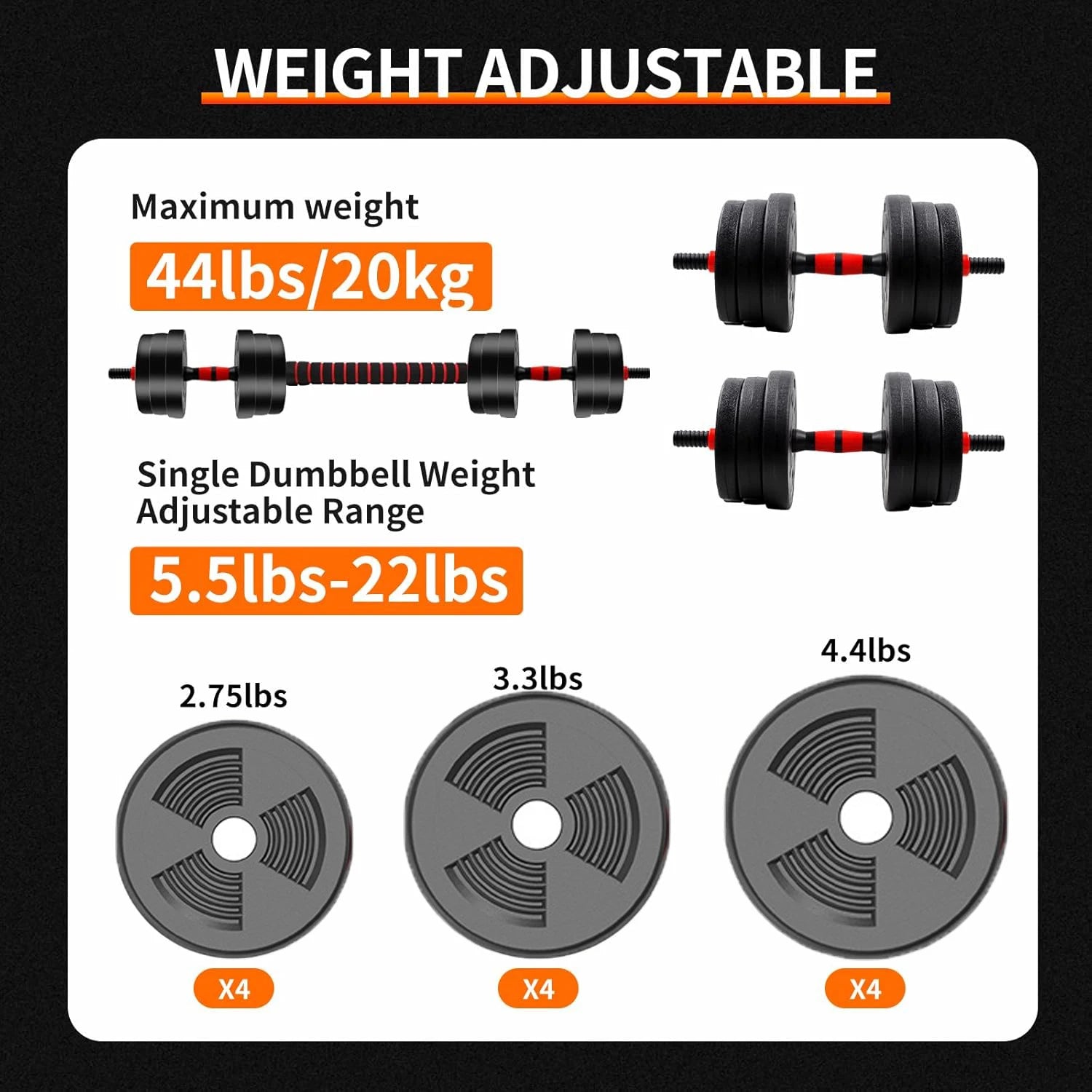 Adjustable Dumbbell to Barbell Set 5–44lbs Home Strength Kit