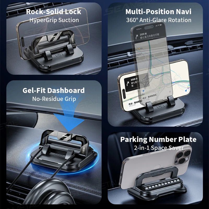 SEAMETAL Dashboard Car Phone Holder 360-Degree Rotation Head-Up Phone Mount Anti Slip Navigation Holder with Number Plate
