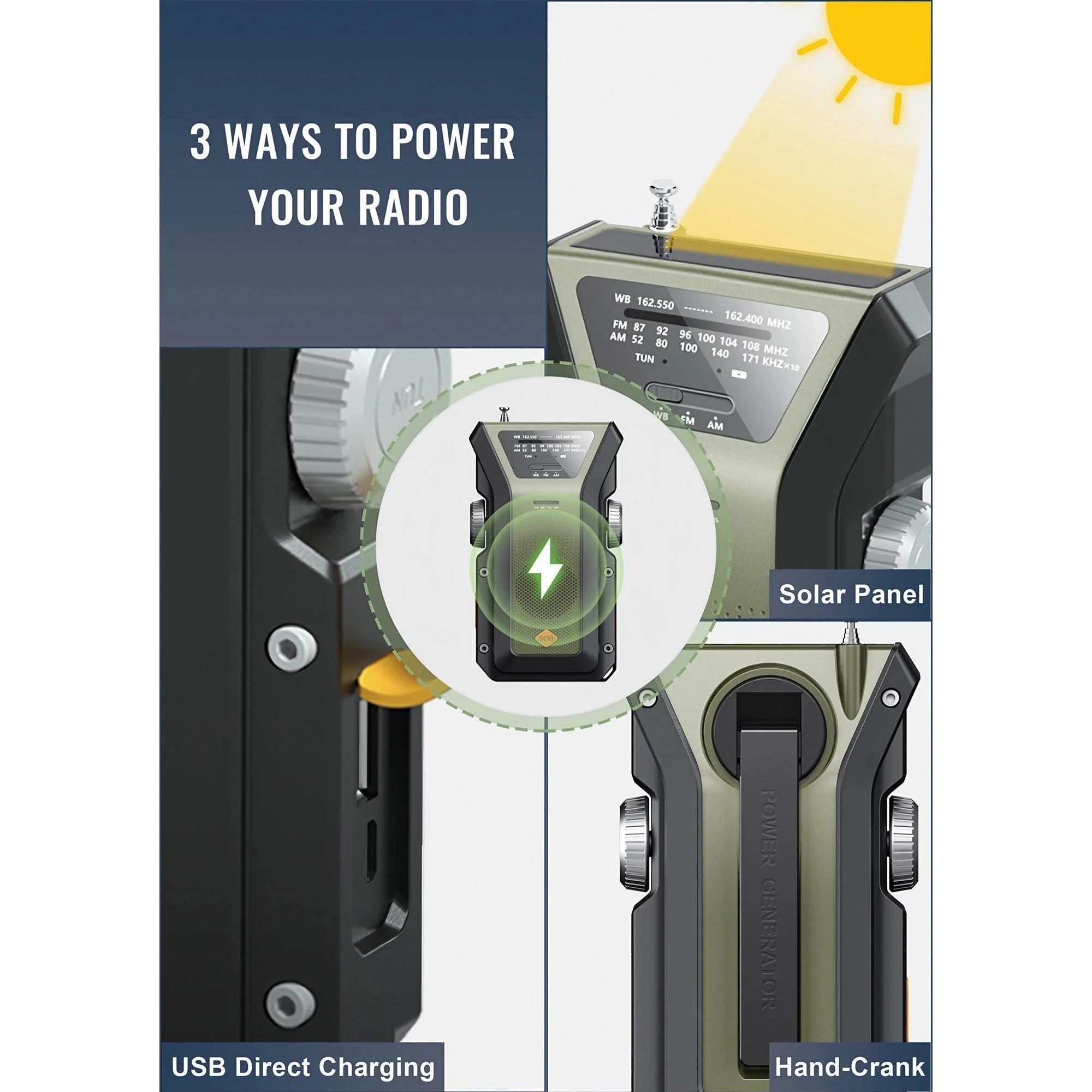 Weather Radio Emergency Multifunctional Radio FM AM WB Hand Crank Solar USB Charging 2000mAh Power Bank LED Flashlight Torch 