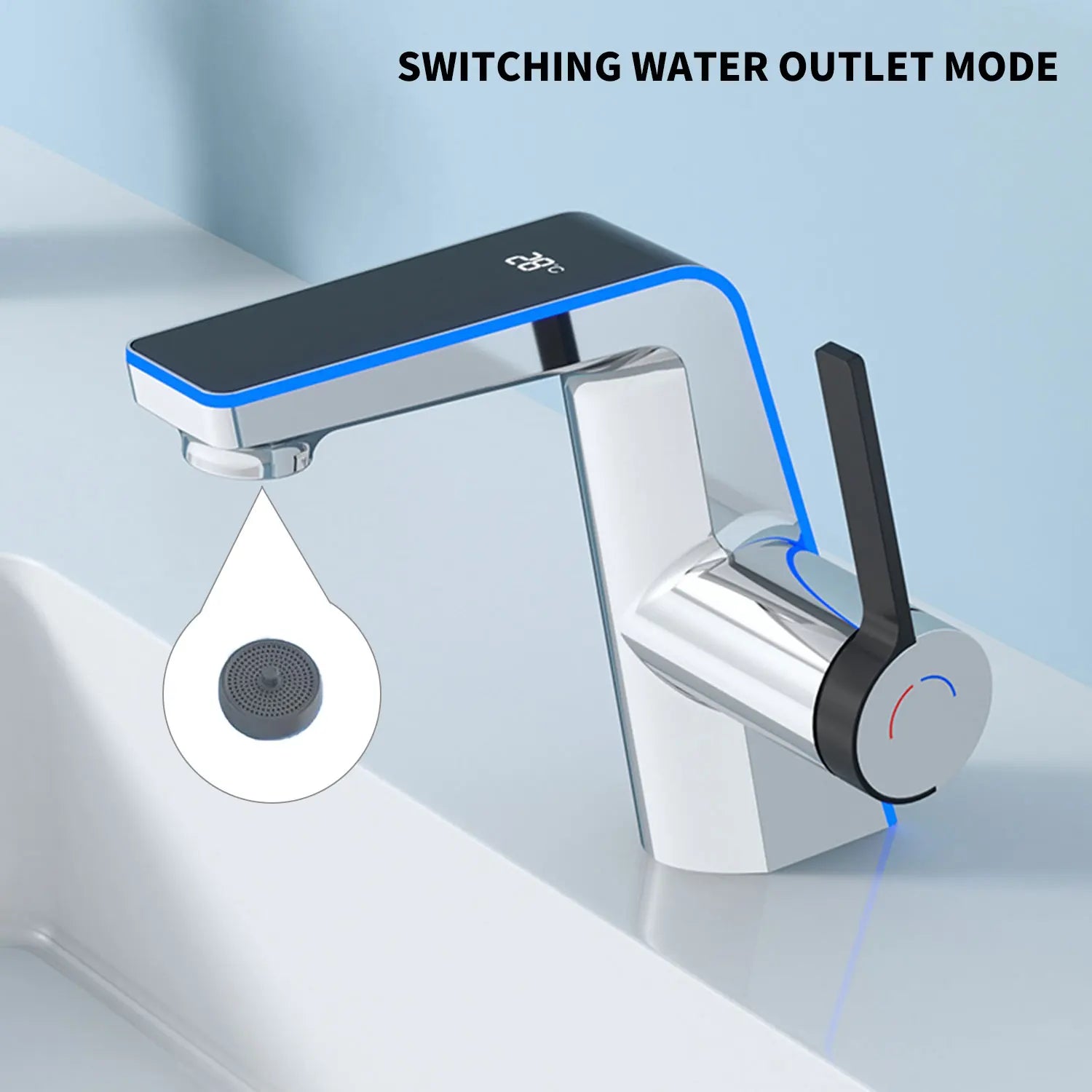 Badrumsblandare med LED-temperaturdisplay och dubbla spraylägen