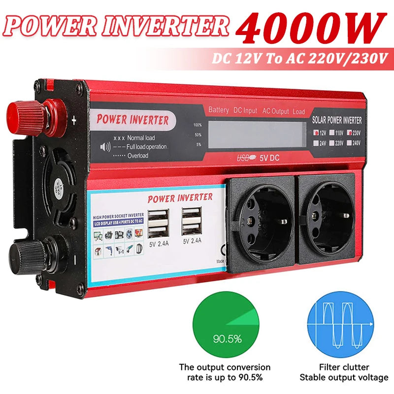 Inversor de Energia 4000W 3000W DC 12V para AC 220V 230V com Transformador, 4 Tomadas USB UE e Ecrã LED para Carregamento