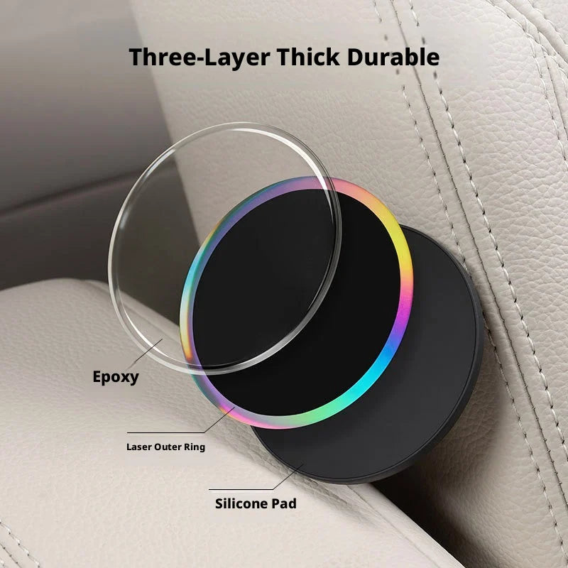 SEAMETAL 2Pcs Universal Car Cup Coaster Mat Three-Layer Thickened Anti-Slip Shock-Absorbing Laser Ring 7cm Diameter Waterproof