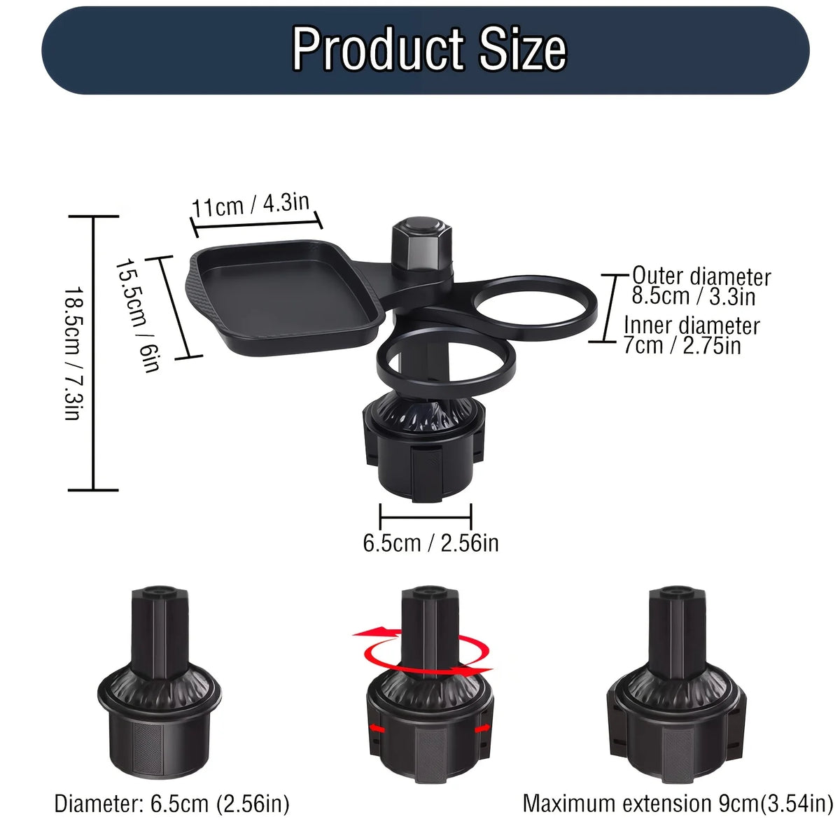Adjustable Car Cup Holder Tray, Three Layout Options