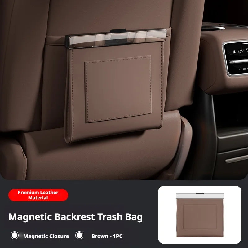 SEAMETAL Car Seat Back Trash Can with Magnetic Lid Waterproof Pu Leather Trash Bin Isolates Odors Universal for Sedan Suv Truck