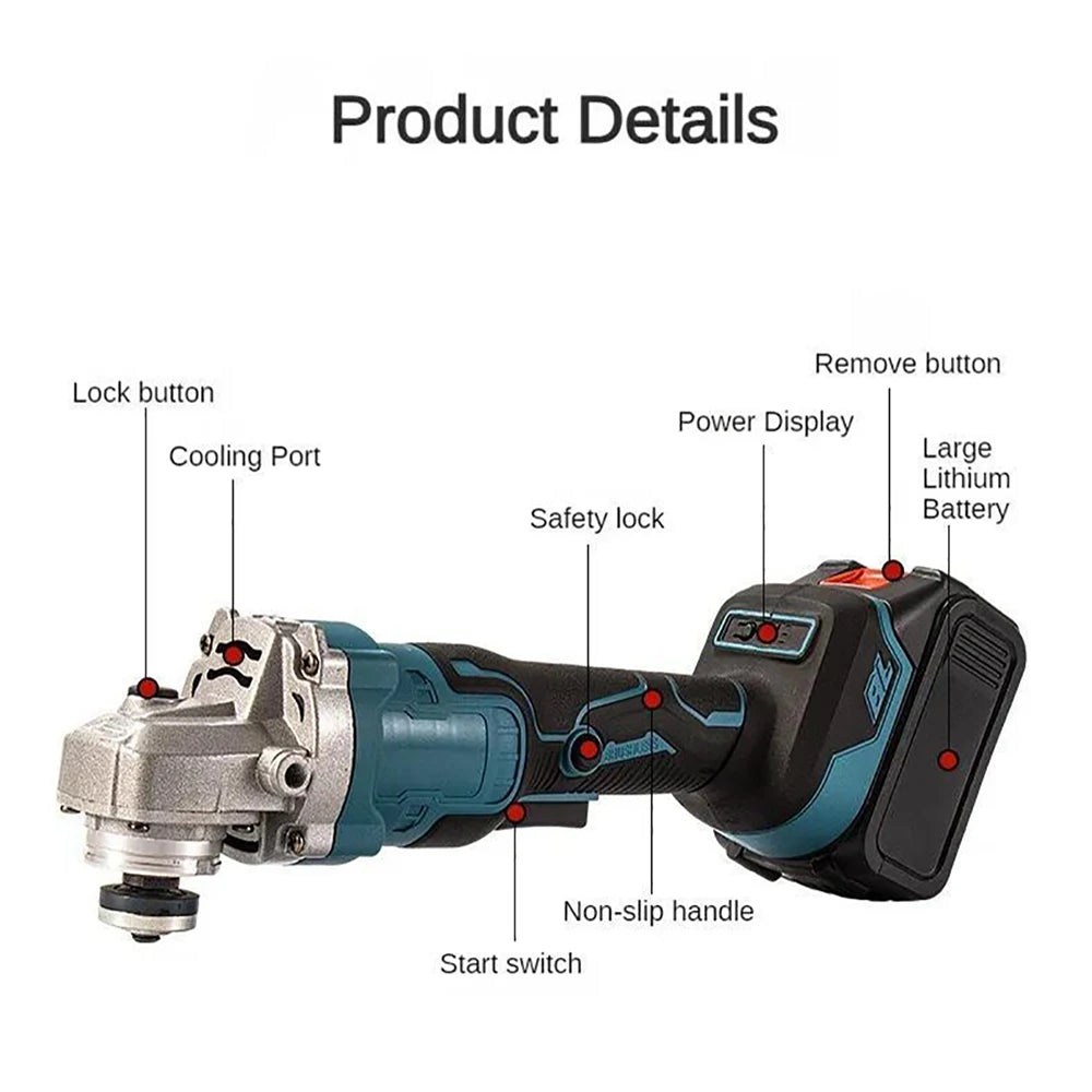125MM Brushless Electric Angle Grinder 3 Speeds Cordless Grinder Cutting Machine Woodworking Power Tool for Makita 18v Battery 