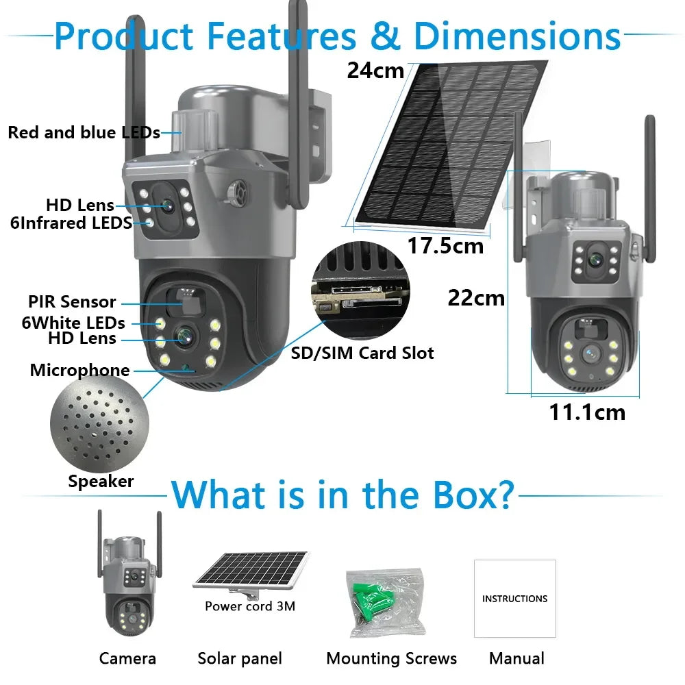 4K 8MP Dual Screen Solar Outdoor Wireless WiFi PTZ Security Camera