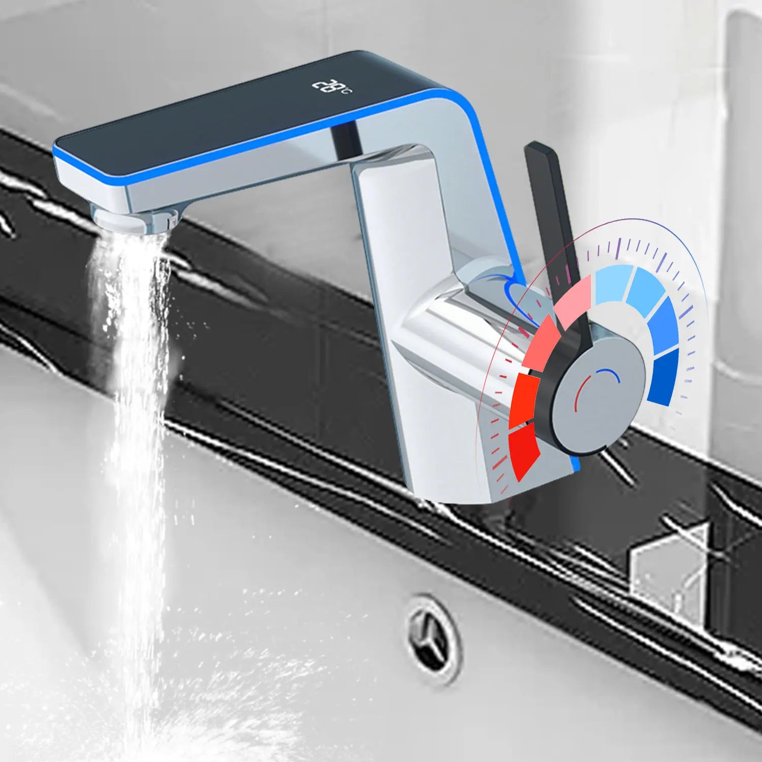 Badrumsblandare med LED-temperaturdisplay och dubbla spraylägen