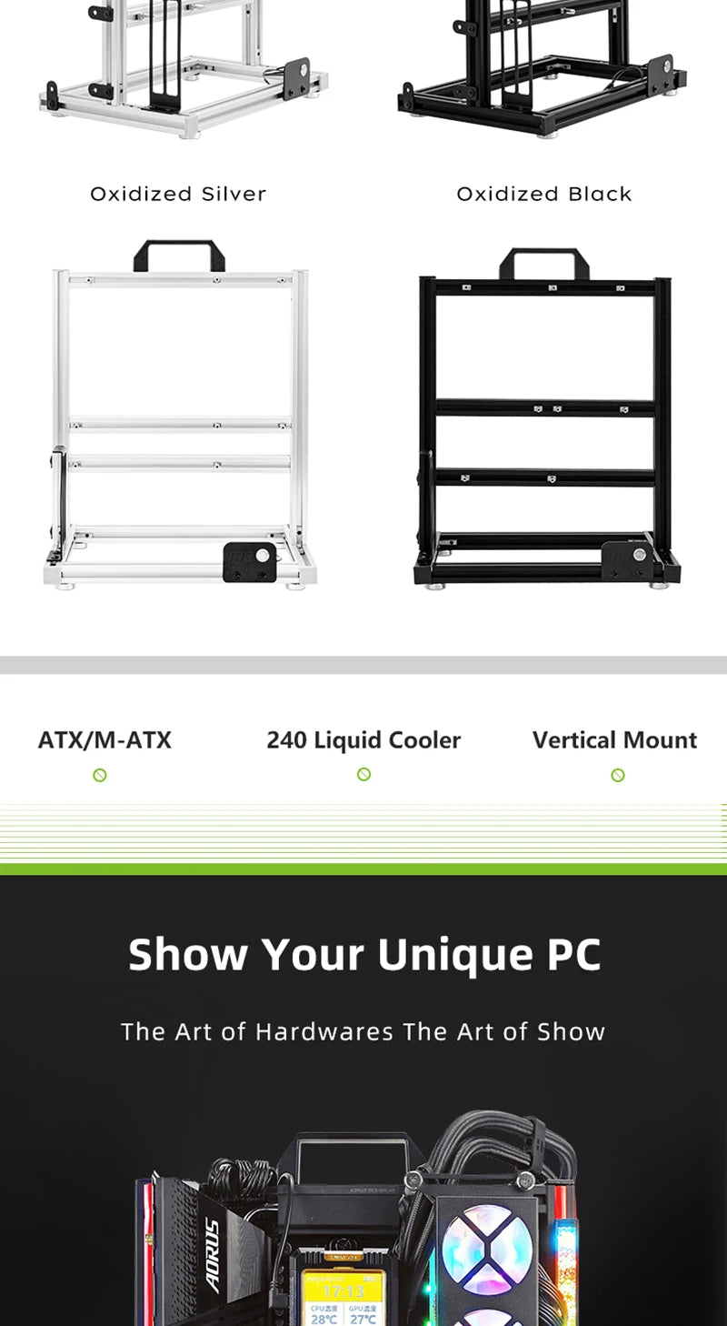 Open Frame ATX Aluminum PC Case with Horizontal GPU Mount