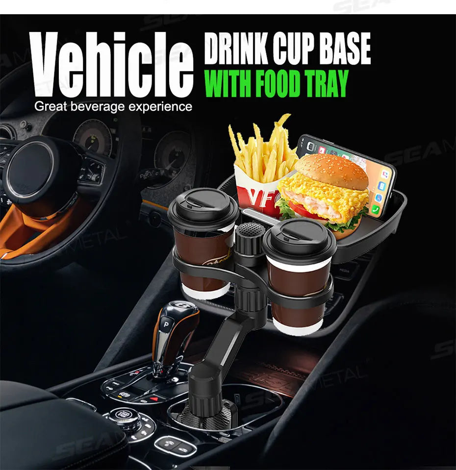 SEAMETAL Car Cup Holder Expander with Food Tray 360-Degree Rotation Stable Drink Holder Phone Mount Anti Slip Extendable Bottom