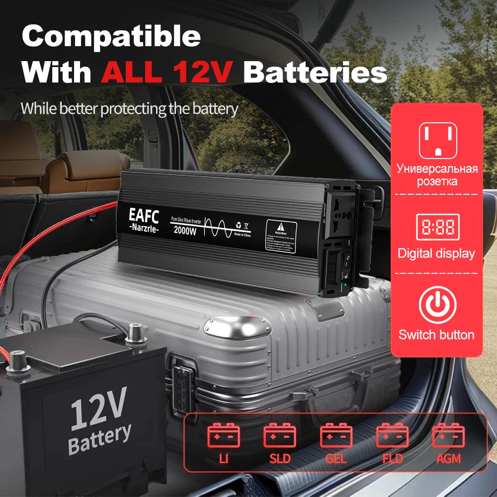 Инвертор EAFC с чиста синусоида 4000W/3000W/2000W DC 12V към AC 220V, преобразувател на напрежение, универсален EU контакт, автоаксесоари