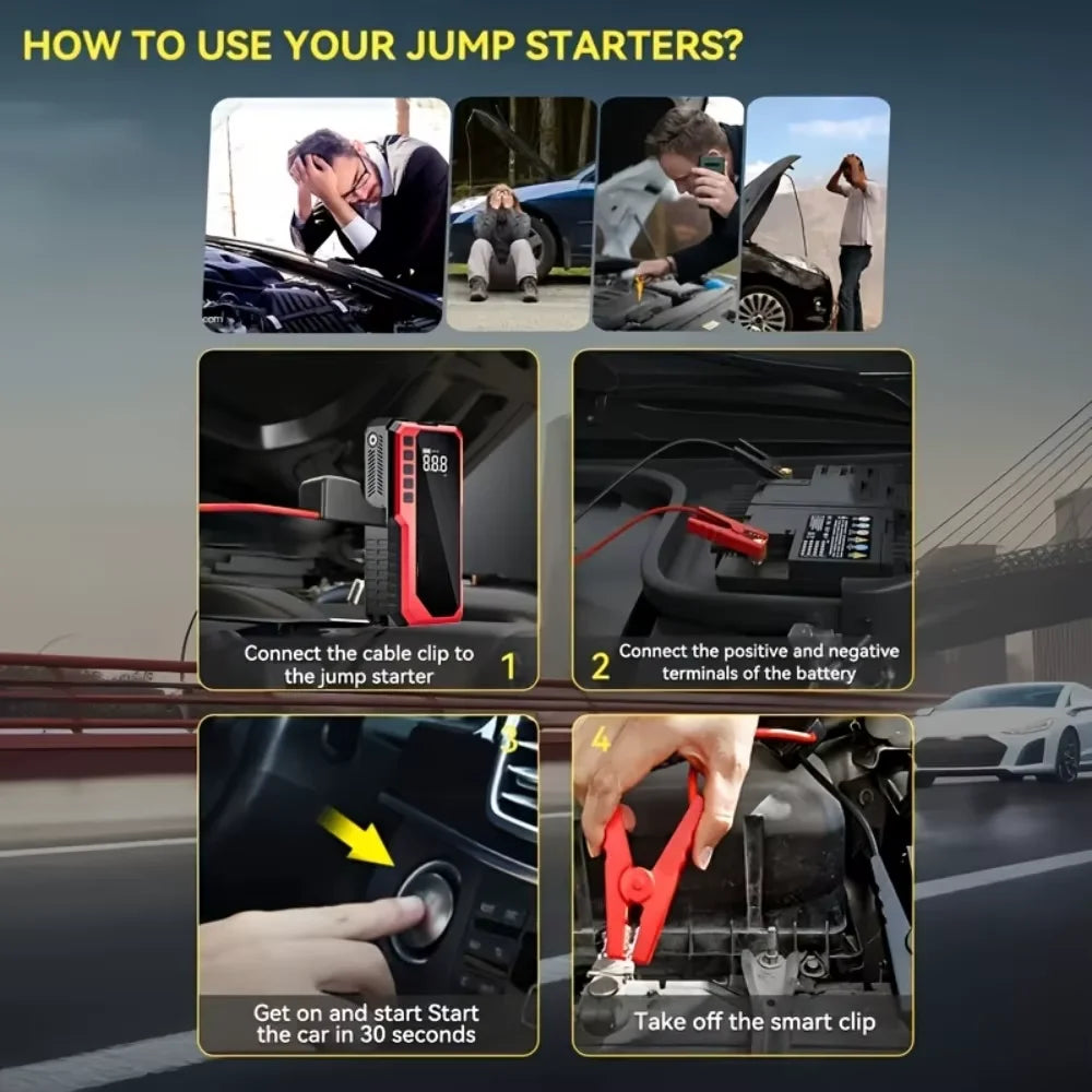 Portable Emergency Jump Starter with Air Compressor, LED Light, Power Bank and Tire Inflator