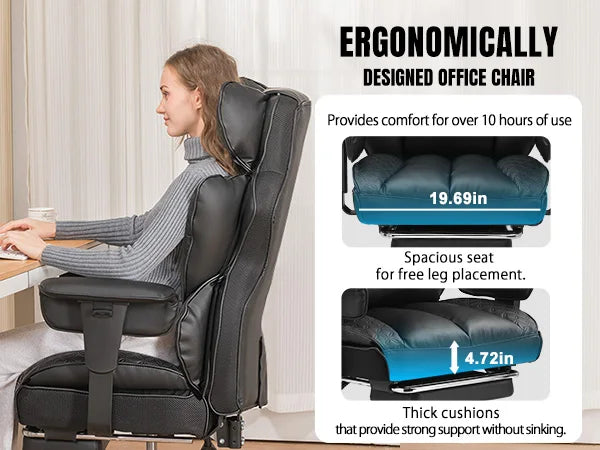 Ergonomic Leather Office Chair with Footrest & Reclining Back