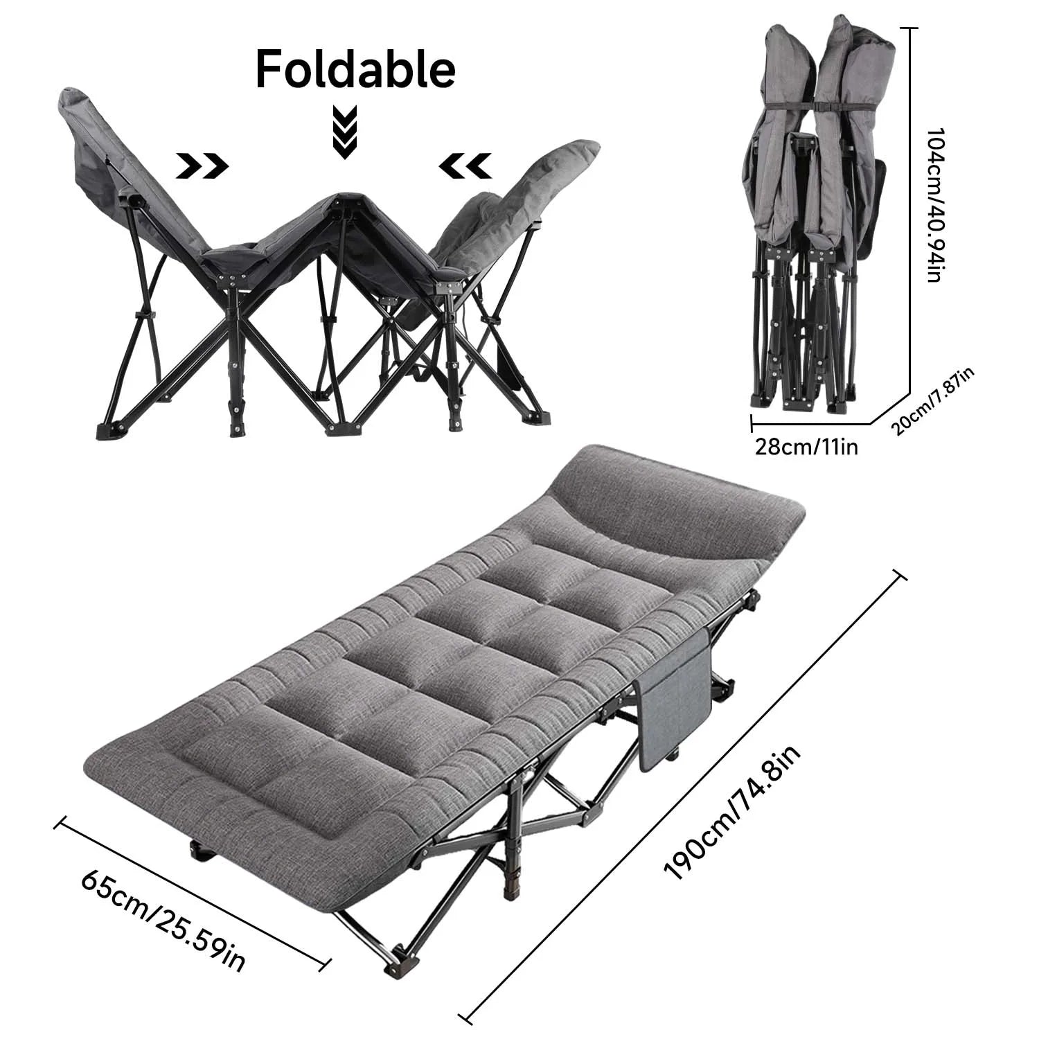 Folding Camping Bed with Headrest & Side Pocket Portable Single Cot
