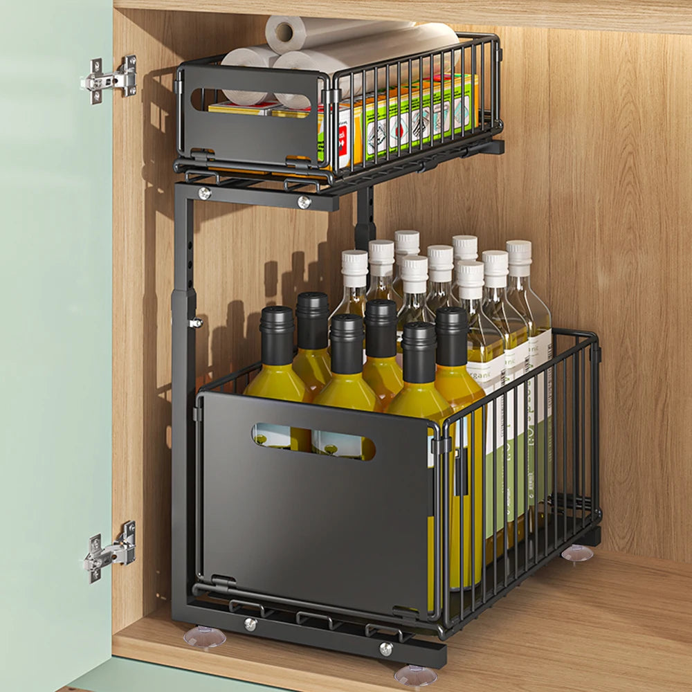 2-vånings utdragbar skåporganisatör justerbart stålförvaringsställ