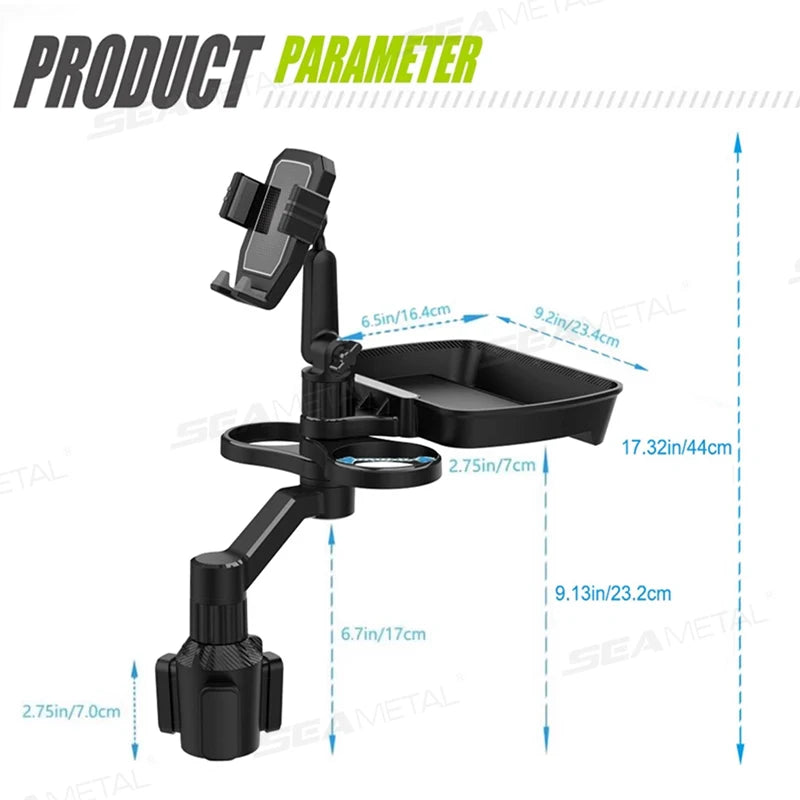 SEAMETAL Car Cup Holder Expander with Food Tray 360-Degree Rotation Stable Drink Holder Phone Mount Anti Slip Extendable Bottom