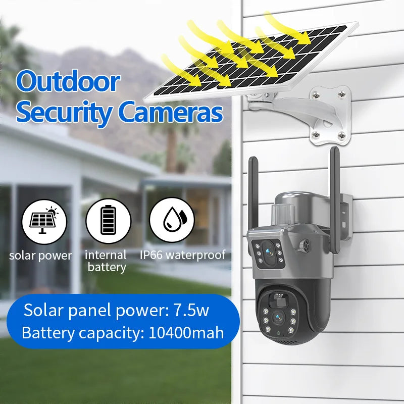 4MP Wireless Security Camera with Solar Power, PTZ, Dual Lens