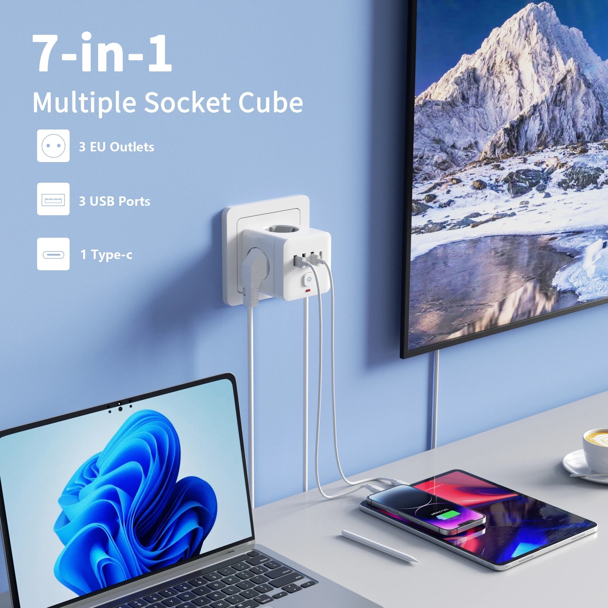 7-in-1 EU Power Strip, Power Strip Surge Protector 3 AC Outlets 3 USB 1 Type-C, Desktop Charging Station With Overload Protecti 