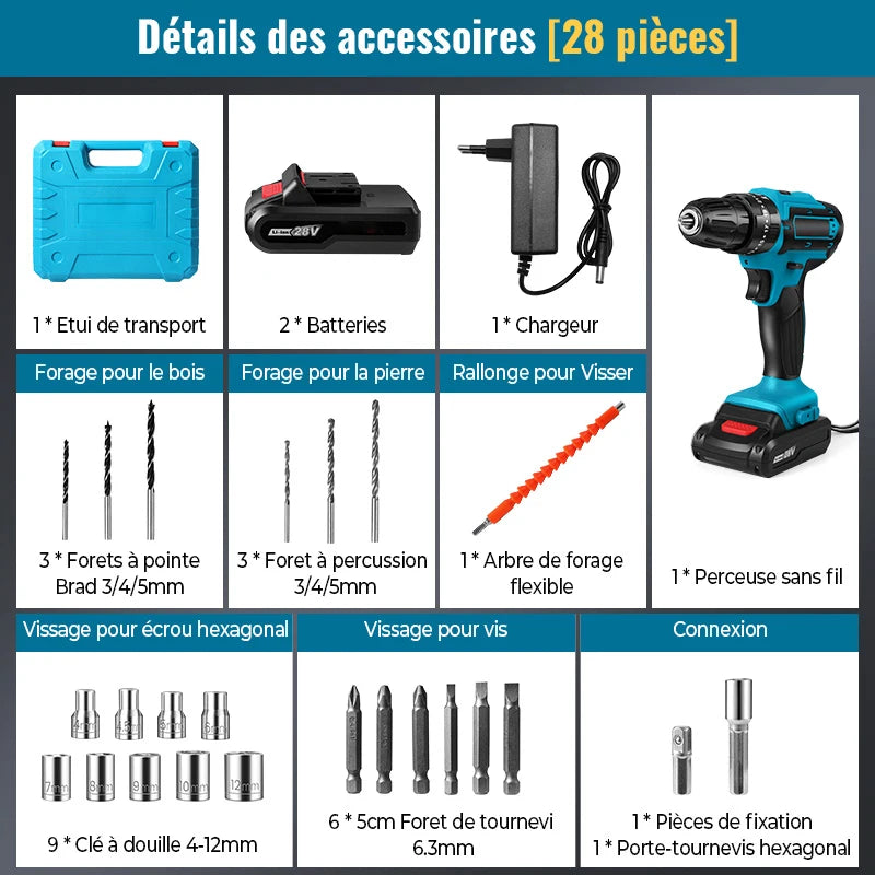 Perceuse à percussion sans fil 28V avec batterie rechargeable