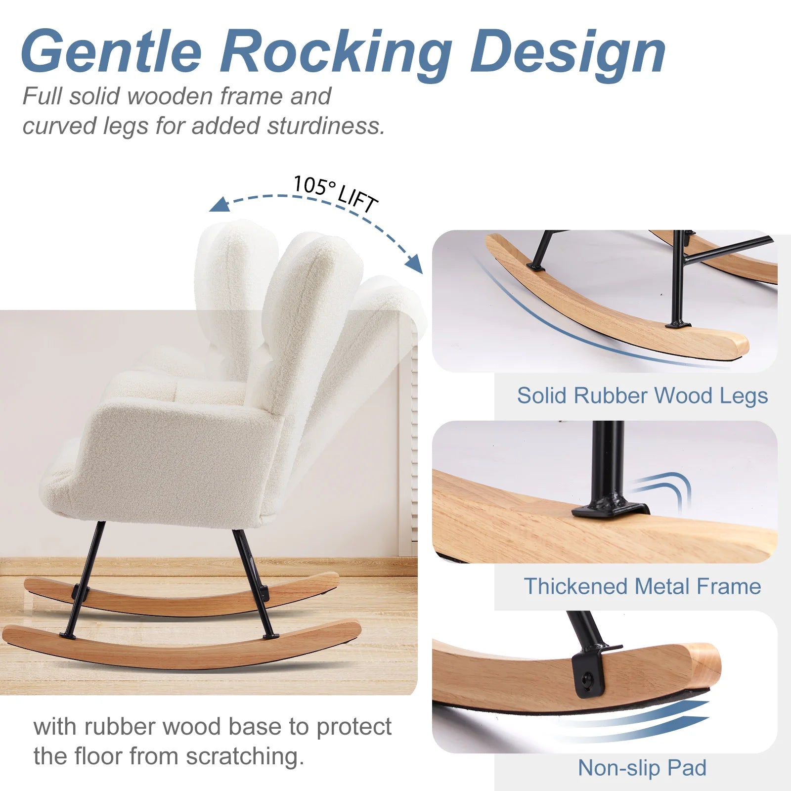 Teddy Fabric Glider Rocking Chair with High Back & Padded Seat