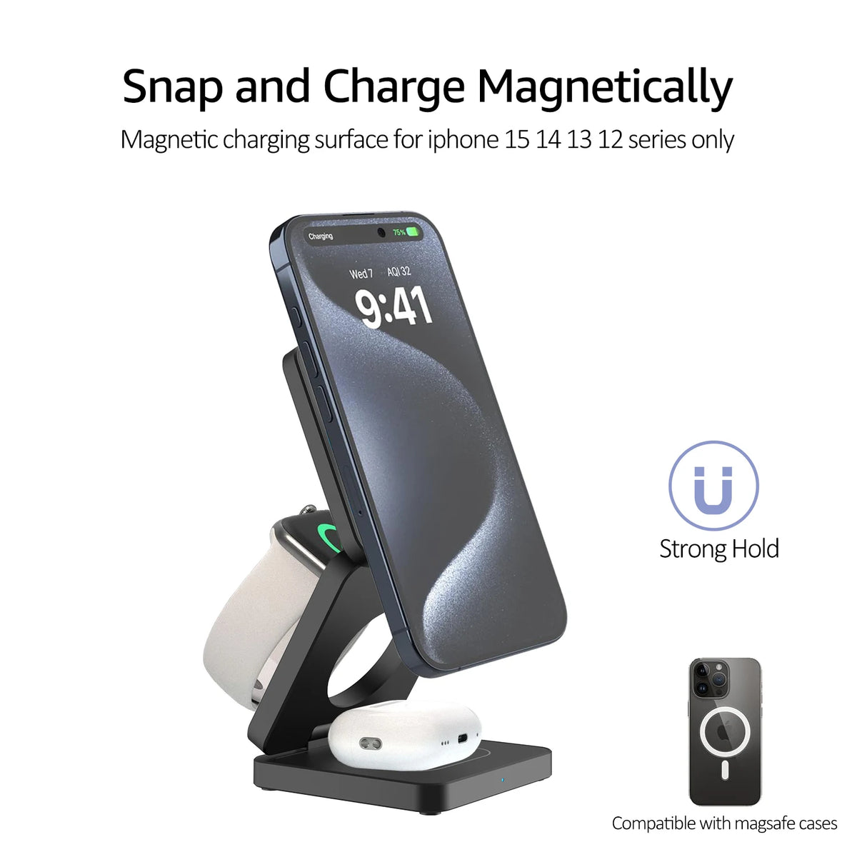 3 in 1 Magnetic Wireless Charging Station for iPhone, Apple Watch and Earphones