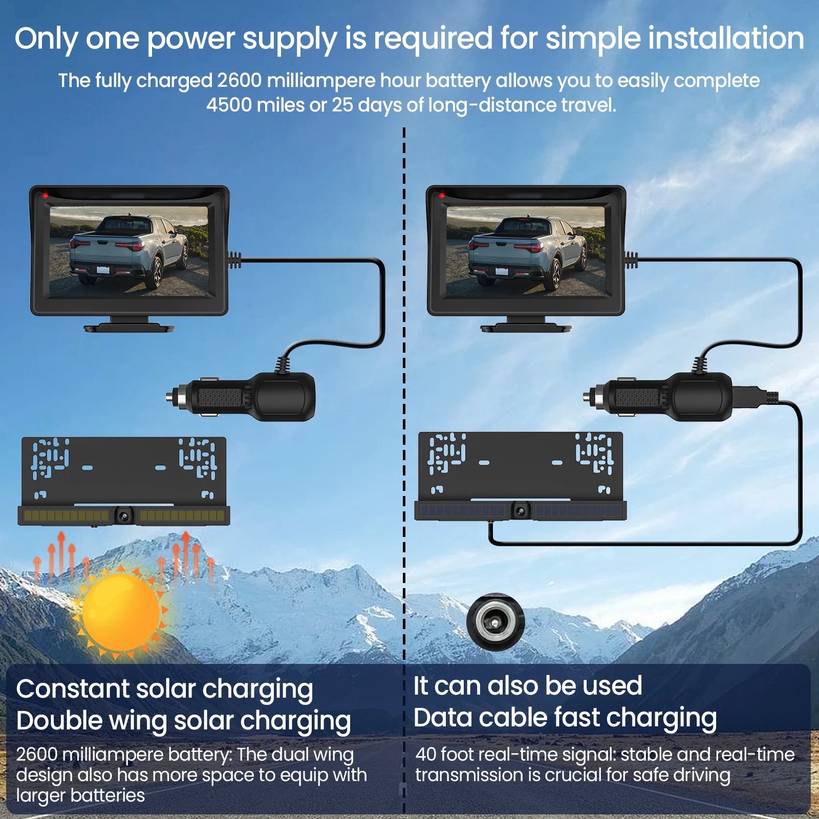 4.3inch Solar Vehicle Wireless Reverse Camera For Car RV Truck Trailer Pickup 12V-32V Car Monitor 1080P HD WIFI Rear View Camera 