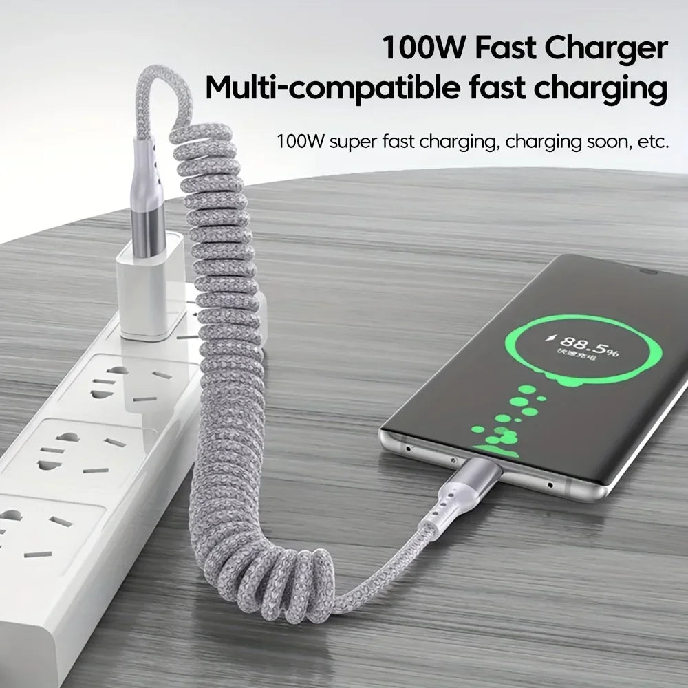 Cable de carga en espiral USB-C a USB-C de 100 W, 1.5 m