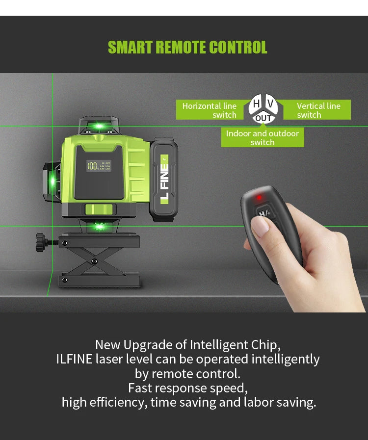 16 Lines 4D Laser Level 12 Lines 3D level 360°Self-leveling Horizontal and Vertical Cross Super Powerful Green Laser Beams 