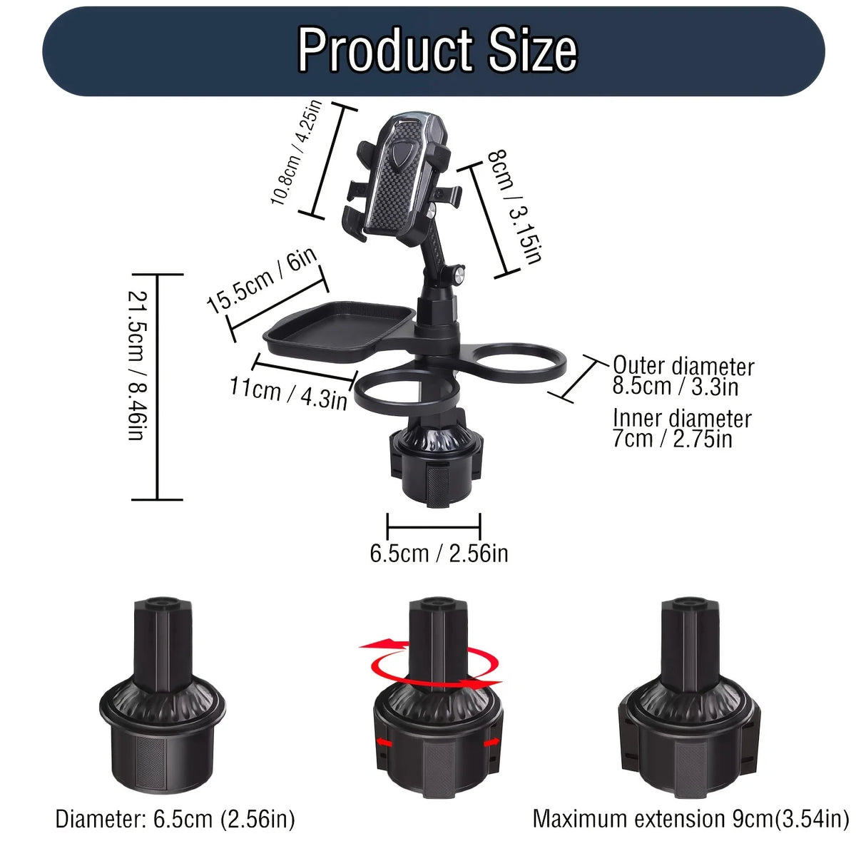 Adjustable Car Cup Holder Tray, Three Layout Options
