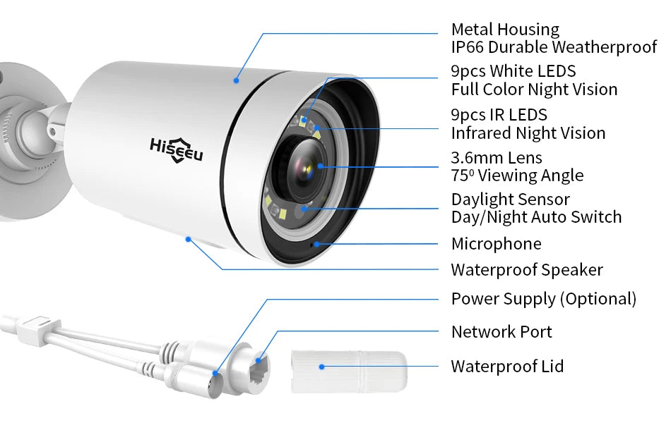4K 8MP Outdoor PoE IP Security Camera with Audio, Motion Alarm, Color Night Vision, ONVIF