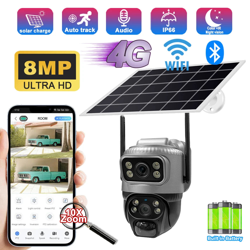 8MP 4K Solar Camera 4G Wifi Outdoor Dual Lens PIR Human Detection Night Vision Waterproof Security Solar Battery CCTV Monitor 