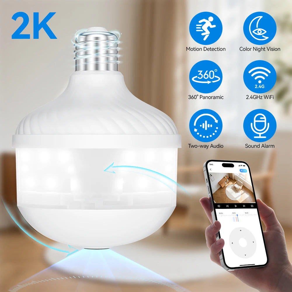 2K WiFi Home Light Bulb Camera Light Bulb Camera 360 degree Panoramic IP Camera Full Color Night Vision