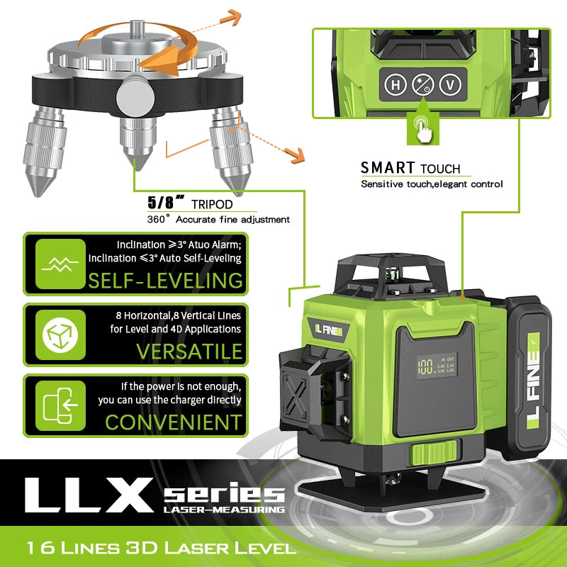 16 Lines 4D Laser Level 12 Lines 3D level 360°Self-leveling Horizontal and Vertical Cross Super Powerful Green Laser Beams 