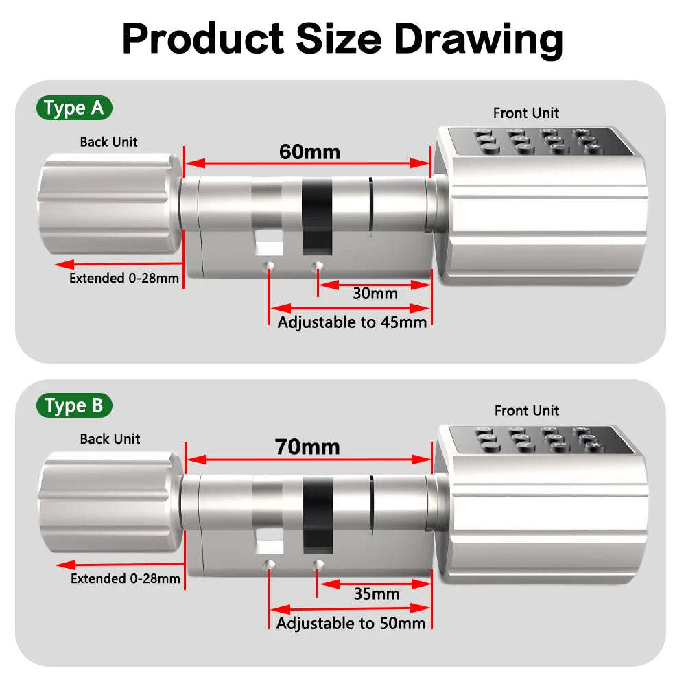 RAYKUBE L12 Tuya BLE Fingerprint Cylinder Digital Door Lock With 60/70 mm Adjustable Cylinder length Password/Key/Tuya APP Unlok