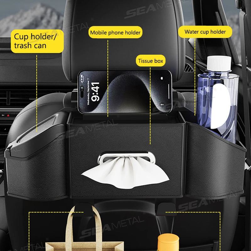 SEAMETAL Car Back Seat Organizer Multifunctional Car Storage Box Universal Cup Holder/Trash Bin/Tissue Holder/Phone Mount/Hooks