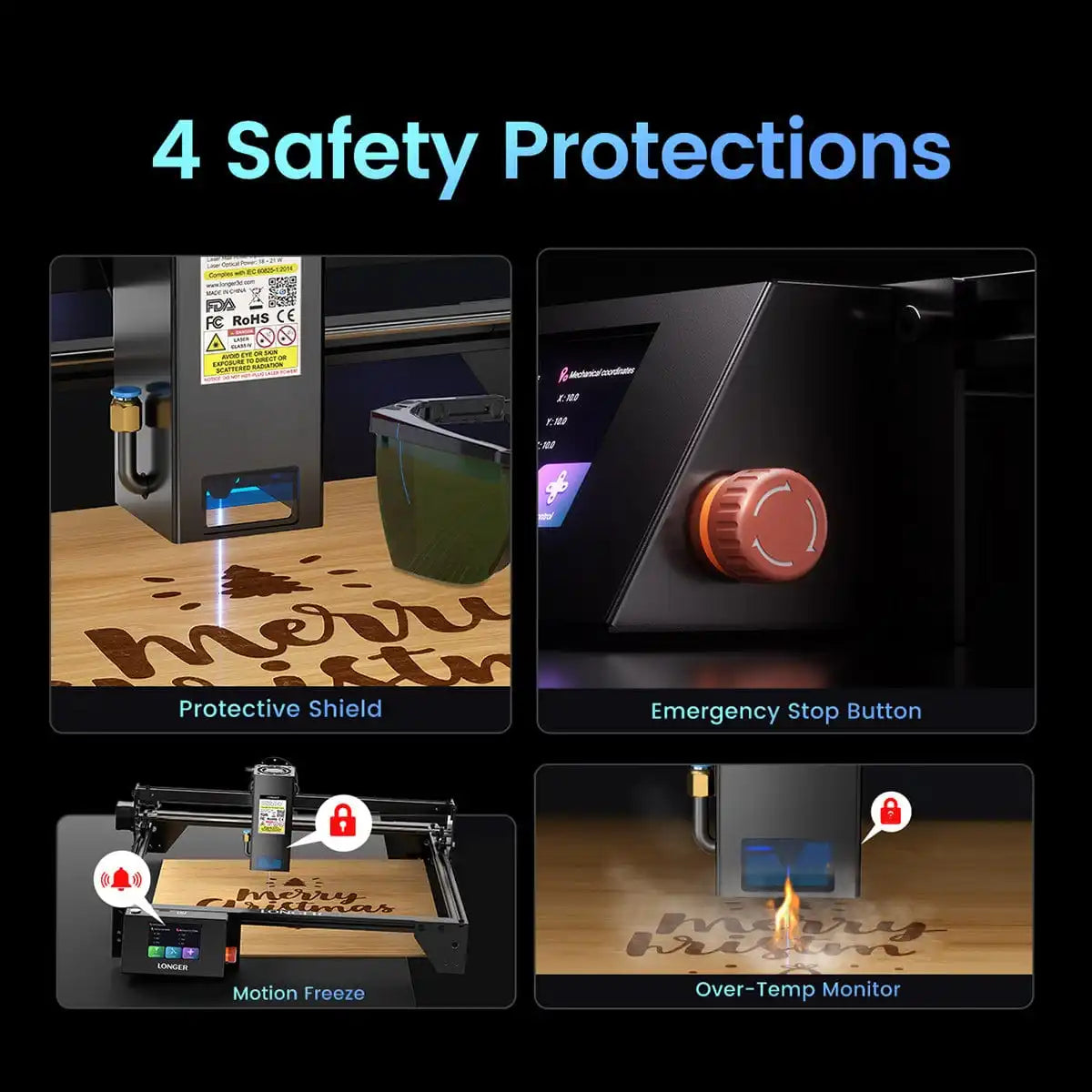 LONGER RAY5 10W laserový gravírovač, laserový bod 0,06x0,06 mm, dotyková obrazovka, offline gravírovanie, 32-bitový čipset, WiFi pripojenie 400x400 mm