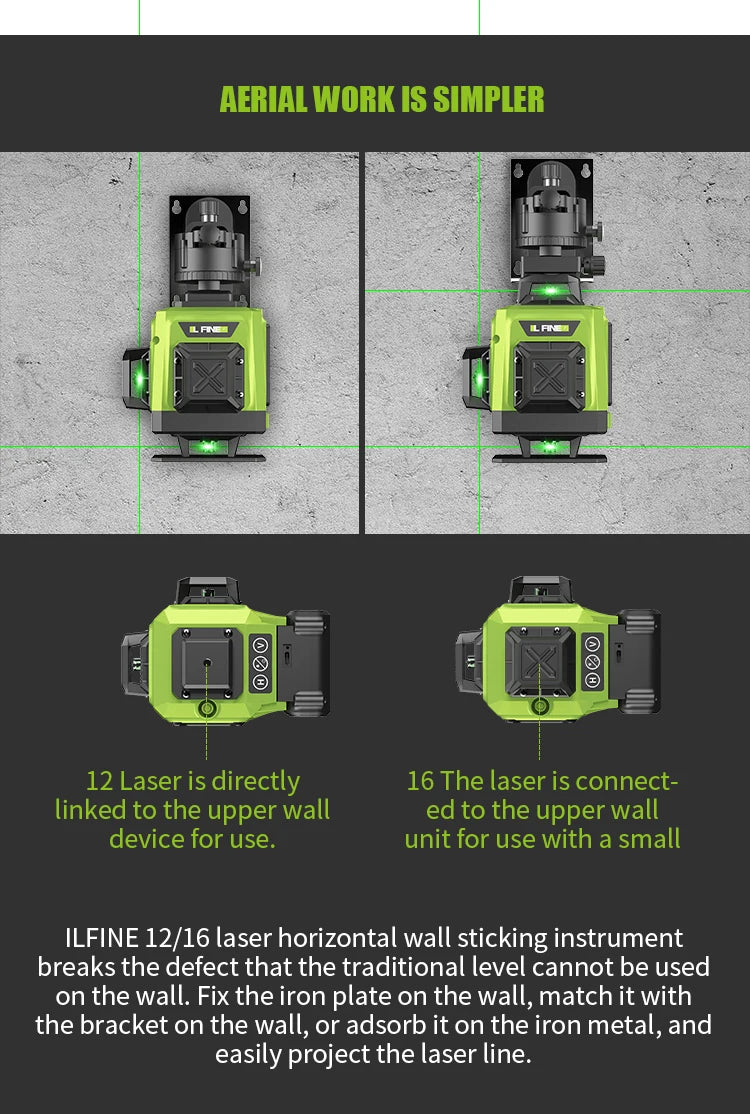 16 Lines 4D Laser Level 12 Lines 3D level 360°Self-leveling Horizontal and Vertical Cross Super Powerful Green Laser Beams 