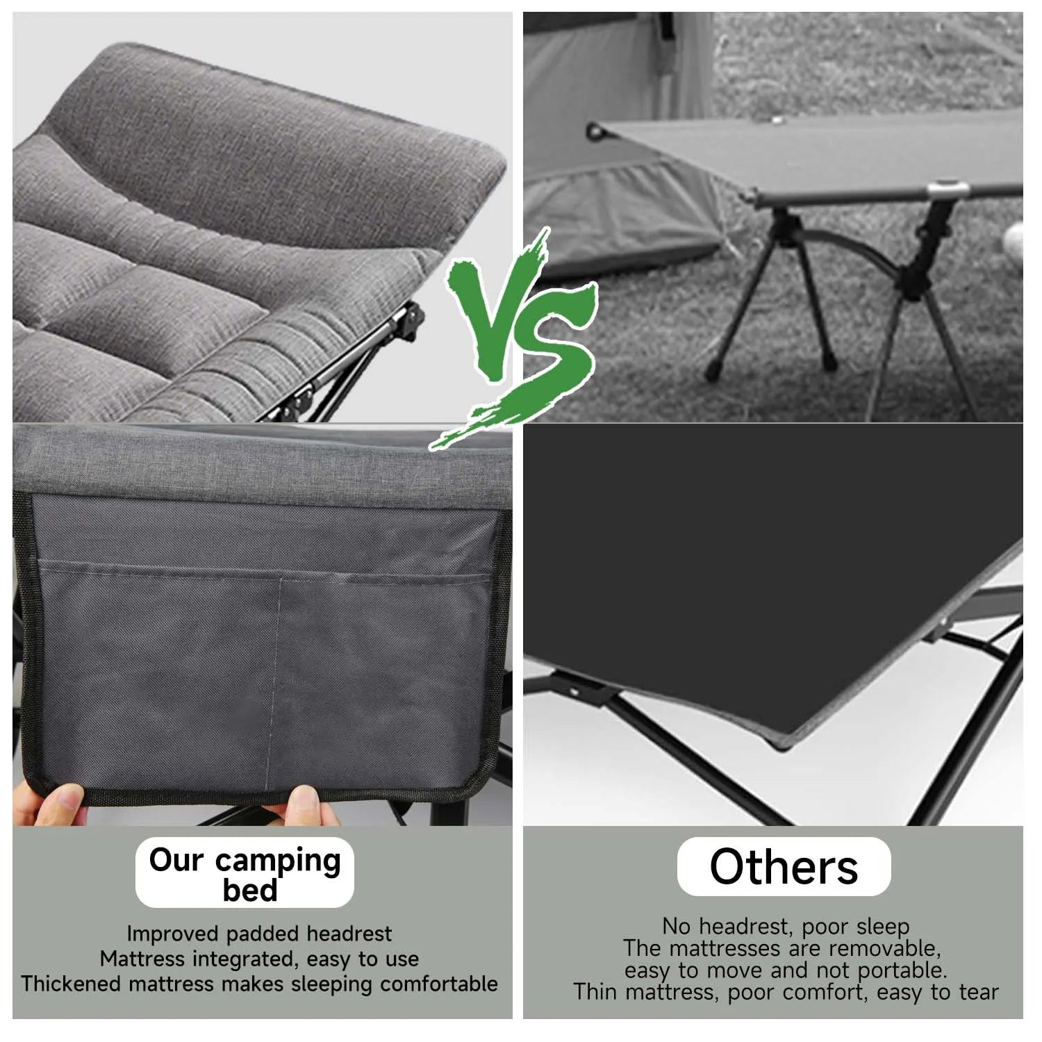 Folding Camping Bed with Headrest & Side Pocket Portable Single Cot
