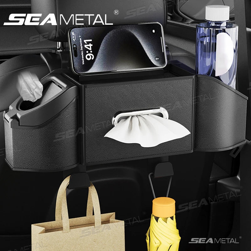 SEAMETAL Car Back Seat Organizer Multifunctional Car Storage Box Universal Cup Holder/Trash Bin/Tissue Holder/Phone Mount/Hooks