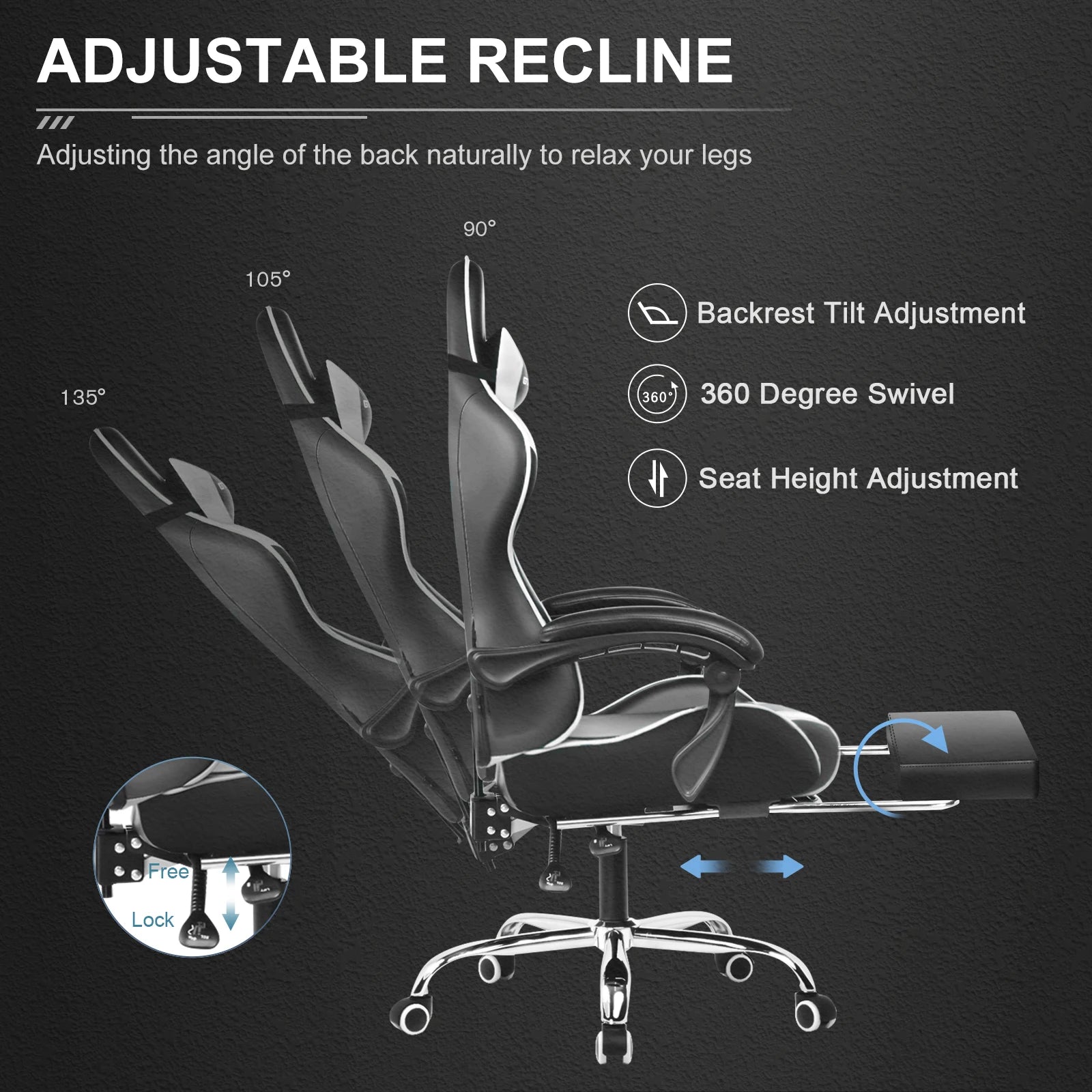 Gaming Chair with Footrest, Lumbar Support & Headrest, Swivel Seat