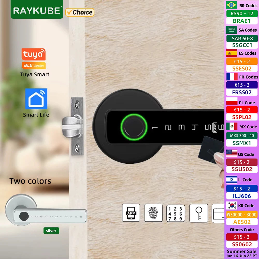 RAYKUBE M5 Tuya BLE Smart Fingerprint Door Lock Digital Electronic Lock with Password/Key/IC Card/ Smartlife/ Tuya APP Unlock 