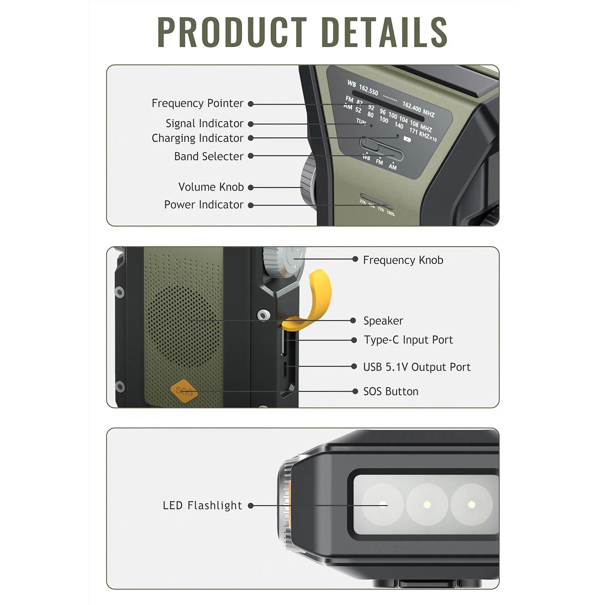 Weather Radio Emergency Multifunctional Radio FM AM WB Hand Crank Solar USB Charging 2000mAh Power Bank LED Flashlight Torch 