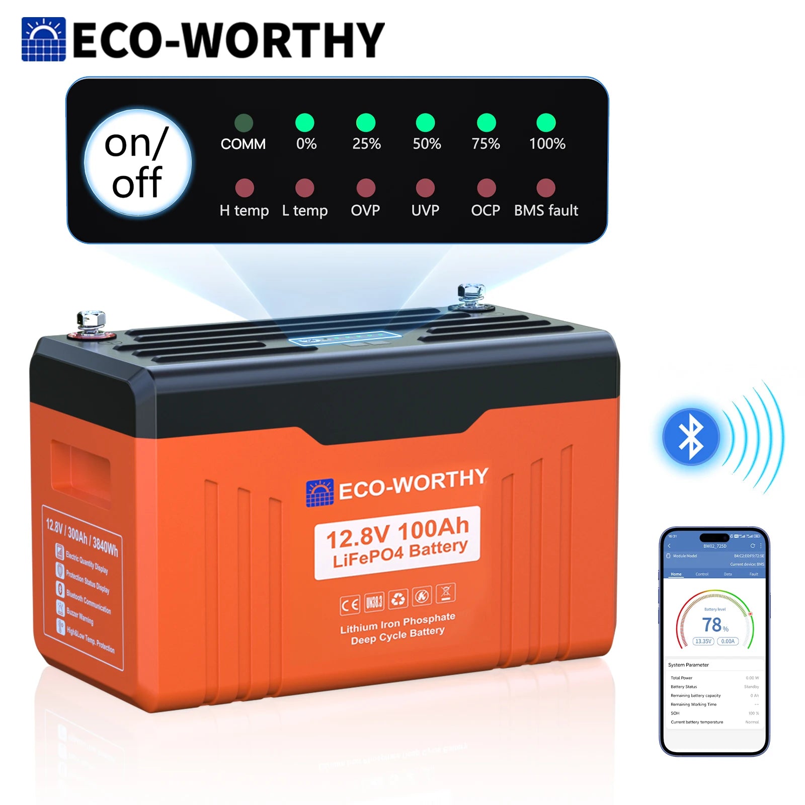 12V 100Ah LiFePO4 baterie s Bluetooth a ochranou proti chladu