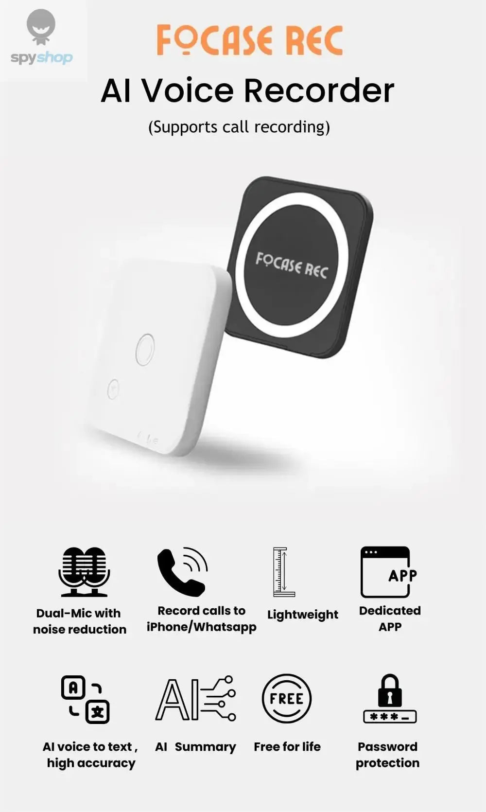 AI-Powered Ai Voice Recorder and Call Recorder with Speech-to-Text & Summarization, Supports 100 Languages, 64GB Storage Spy-shop.com