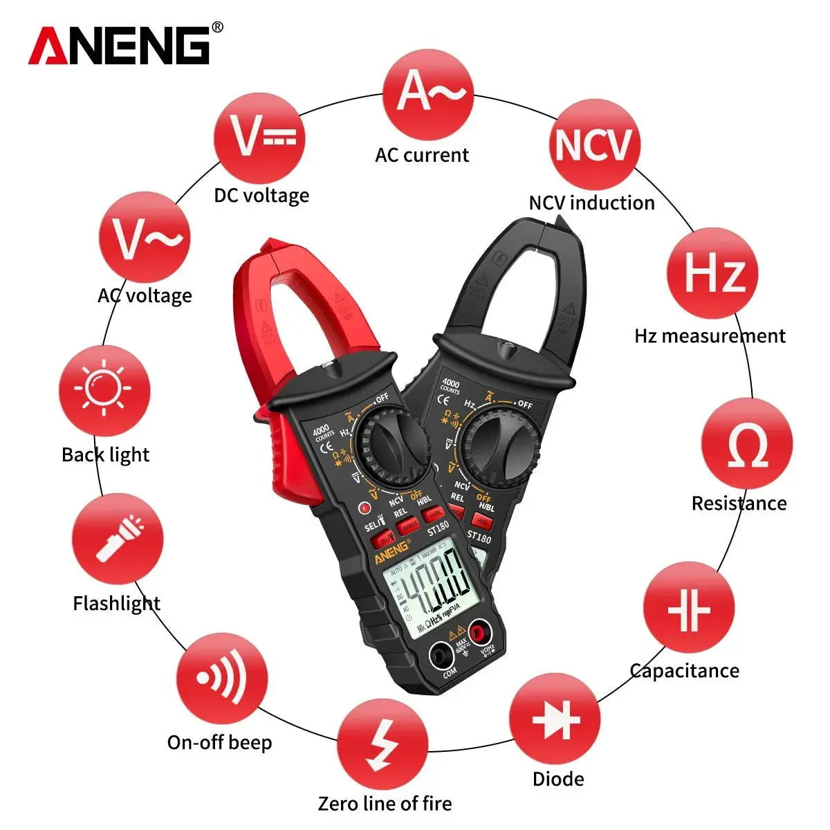 ANENG ST180 AC Current Clamp Meter  Digital 4000 Counts Multimeter Ammeter Voltage Tester Car Amp Hz Capacitance NCV Ohm Tool 