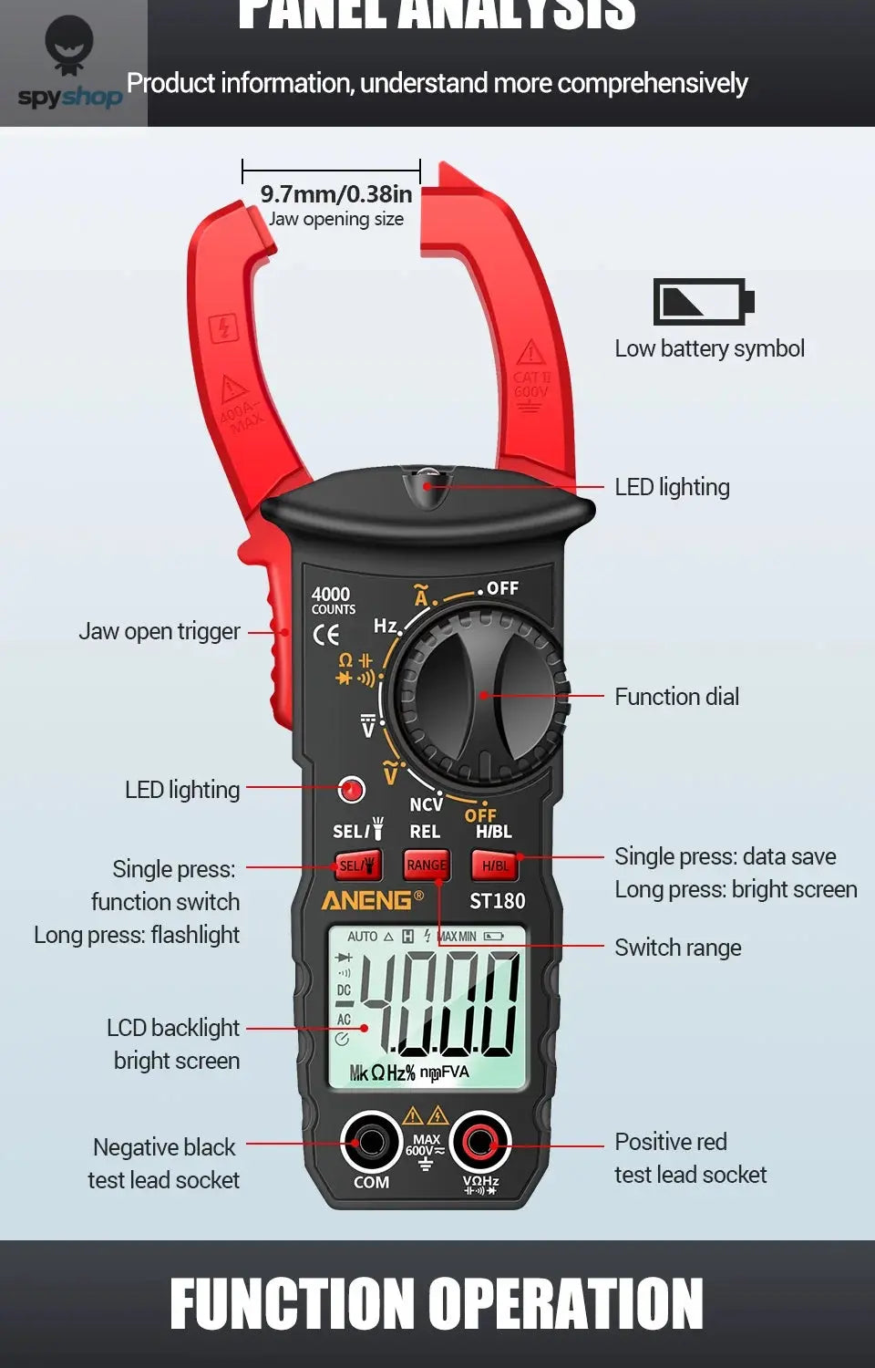 ANENG ST180 AC Current Clamp Meter  Digital 4000 Counts Multimeter Ammeter Voltage Tester Car Amp Hz Capacitance NCV Ohm Tool 