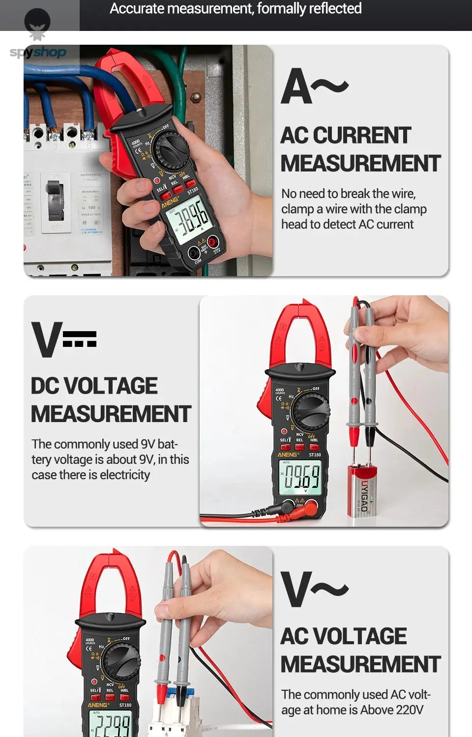 ANENG ST180 AC Current Clamp Meter  Digital 4000 Counts Multimeter Ammeter Voltage Tester Car Amp Hz Capacitance NCV Ohm Tool 