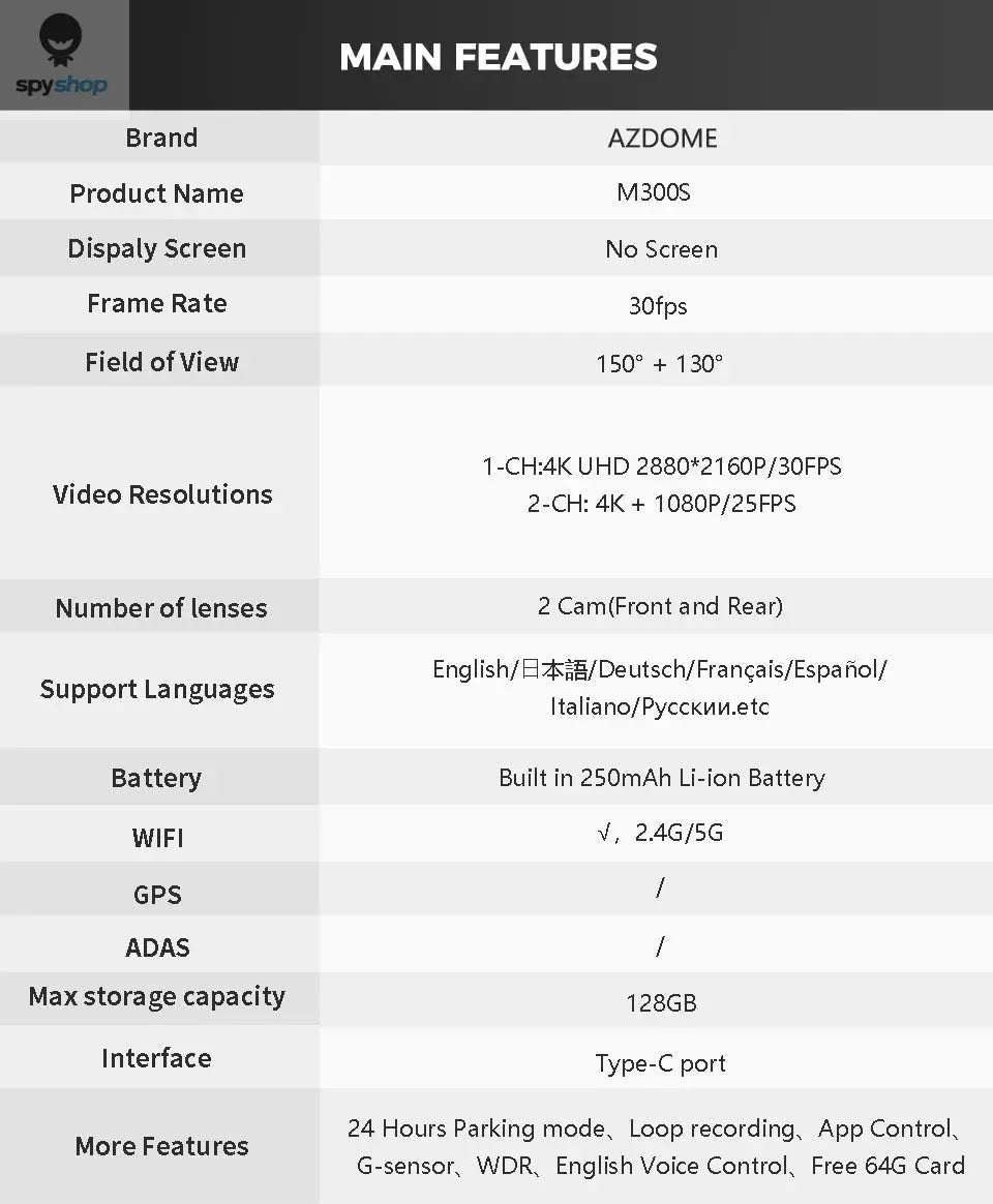 AZDOME M300S 4K Dash Cam Front and Rear, 5.8G WiFi GPS Dash Camera for Cars, Free 64GB SD Card, Voice Control, WDR Night Vision Spy-shop.com