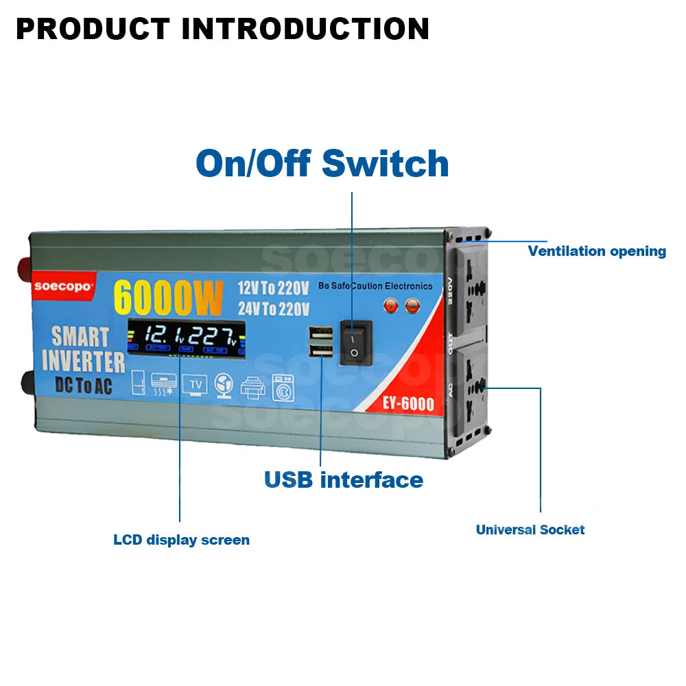 High-Efficiency 6000W Dual Voltage Power Inverter with LCD Display, Multi-Protection & Dual USB Ports