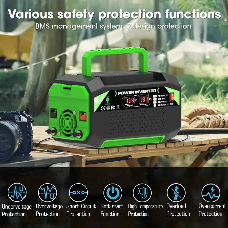 300W/500W захранващ инвертор DC 12V към AC 220V с USB и Type-C портове, подходящ за лаптопи и употреба на открито